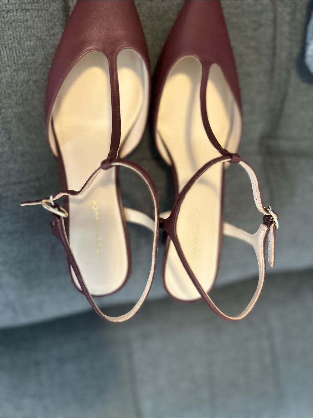 Tuckernuck Burgundy Pointed-Toe T-Strap Slingback Heels - Picture 2 of 5